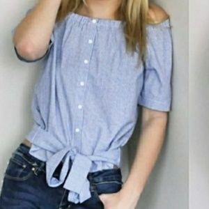 New Cold Shoulder Top Tie Front Cropped Blue White Button Size Medium
